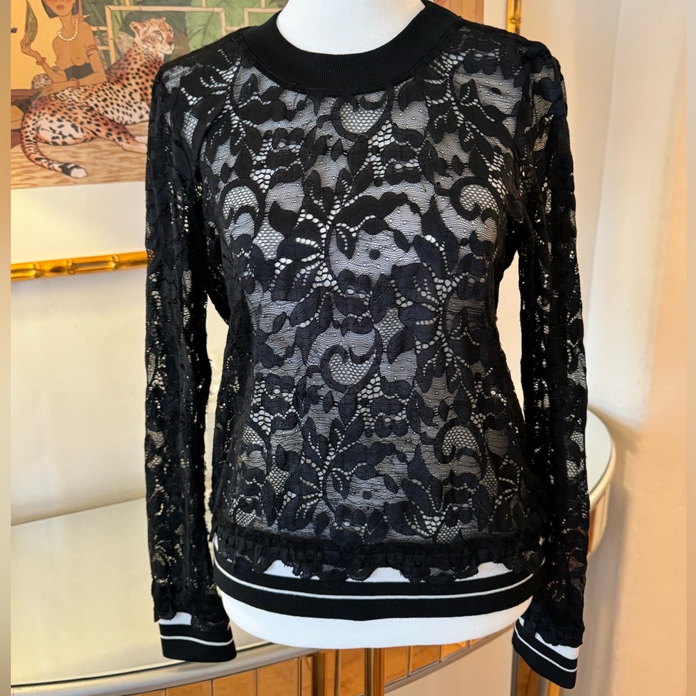 NADINE MILANO Black Lace Top with Black & White Striped Trim. Size S